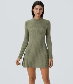 Mini Dresses|Dresses<HALARA Ribbed Knit Stand Collar Long Sleeve Mini Casual Dress
