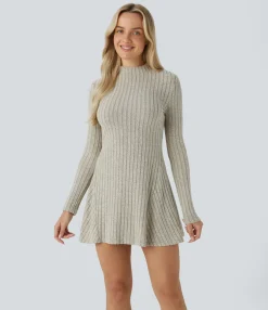 Mini Dresses|Dresses<HALARA Ribbed Knit Stand Collar Long Sleeve Mini Casual Dress