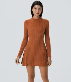 Mini Dresses|Dresses<HALARA Ribbed Knit Stand Collar Long Sleeve Mini Casual Dress