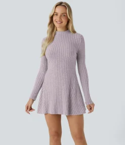 Mini Dresses|Dresses<HALARA Ribbed Knit Stand Collar Long Sleeve Mini Casual Dress