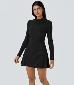 Mini Dresses|Dresses<HALARA Ribbed Knit Stand Collar Long Sleeve Mini Casual Dress