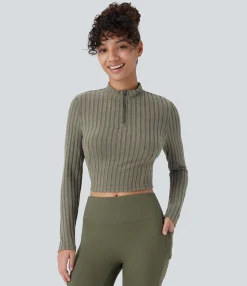 Casual Tops<HALARA Ribbed Knit Stand Collar Half Zip Long Sleeve Cropped Casual Top