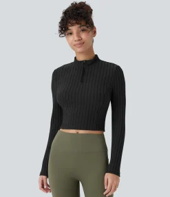 Casual Tops<HALARA Ribbed Knit Stand Collar Half Zip Long Sleeve Cropped Casual Top