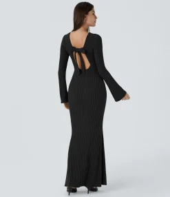 Dresses|Bodycon Dresses<HALARA Ribbed Knit Tie Back Long Sleeve Bodycon Mermaid Maxi Casual Dress
