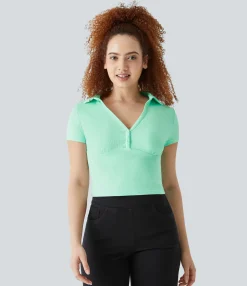 Casual Tops<HALARA Ribbed Knit V Neck Button Slim Casual Top West Lake Green
