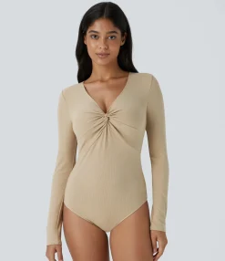 Bodysuits<HALARA Ribbed Knit V Neck Long Sleeve Snap Skinny Casual Bodysuit