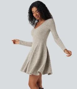Dresses|Mini Dresses<HALARA Ribbed Knit V Neck Long Sleeve Flare Mini Casual Dress