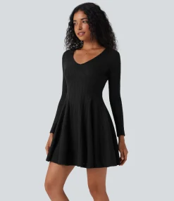 Dresses|Mini Dresses<HALARA Ribbed Knit V Neck Long Sleeve Flare Mini Casual Dress