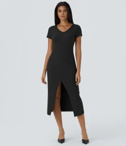 Maxi & Midi Dresses|Dresses<HALARA Ribbed Knit V Neck Midi Chill Dress