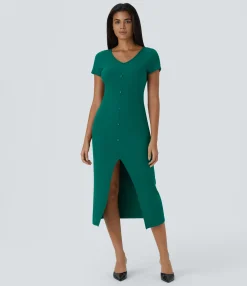 Maxi & Midi Dresses|Dresses<HALARA Ribbed Knit V Neck Midi Chill Dress