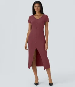 Maxi & Midi Dresses|Dresses<HALARA Ribbed Knit V Neck Midi Chill Dress