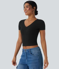 T-Shirts|T-Shirts<HALARA Ribbed Knit V Neck Short Sleeve Cropped Work T-Shirt