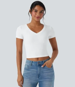 T-Shirts|T-Shirts<HALARA Ribbed Knit V Neck Short Sleeve Cropped Work T-Shirt