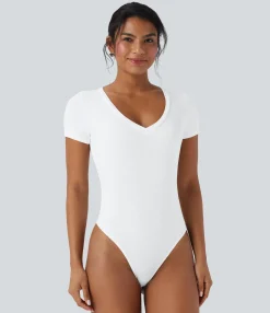 Bodysuits<HALARA Ribbed Knit V-neck Short Sleeve Work Bodysuit