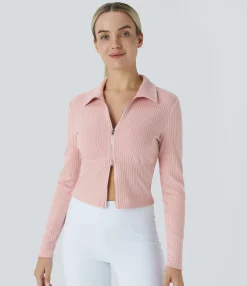 Casual Tops<HALARA Ribbed Knit 2-Way Zipper Long Sleeve Casual Top Peachskin