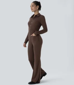 Jumpsuits<HALARA Ribbed Long Sleeve Pocket Slim Casual Flare Jumpsuit