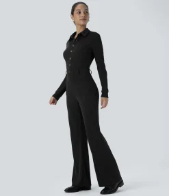 Jumpsuits<HALARA Ribbed Long Sleeve Pocket Slim Casual Flare Jumpsuit