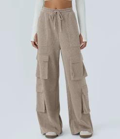 Cargo Pants|Wide-Leg Pants<HALARA Ribbed Mid Rise Drawstring Pockets Wide Leg Cargo Casual Pants