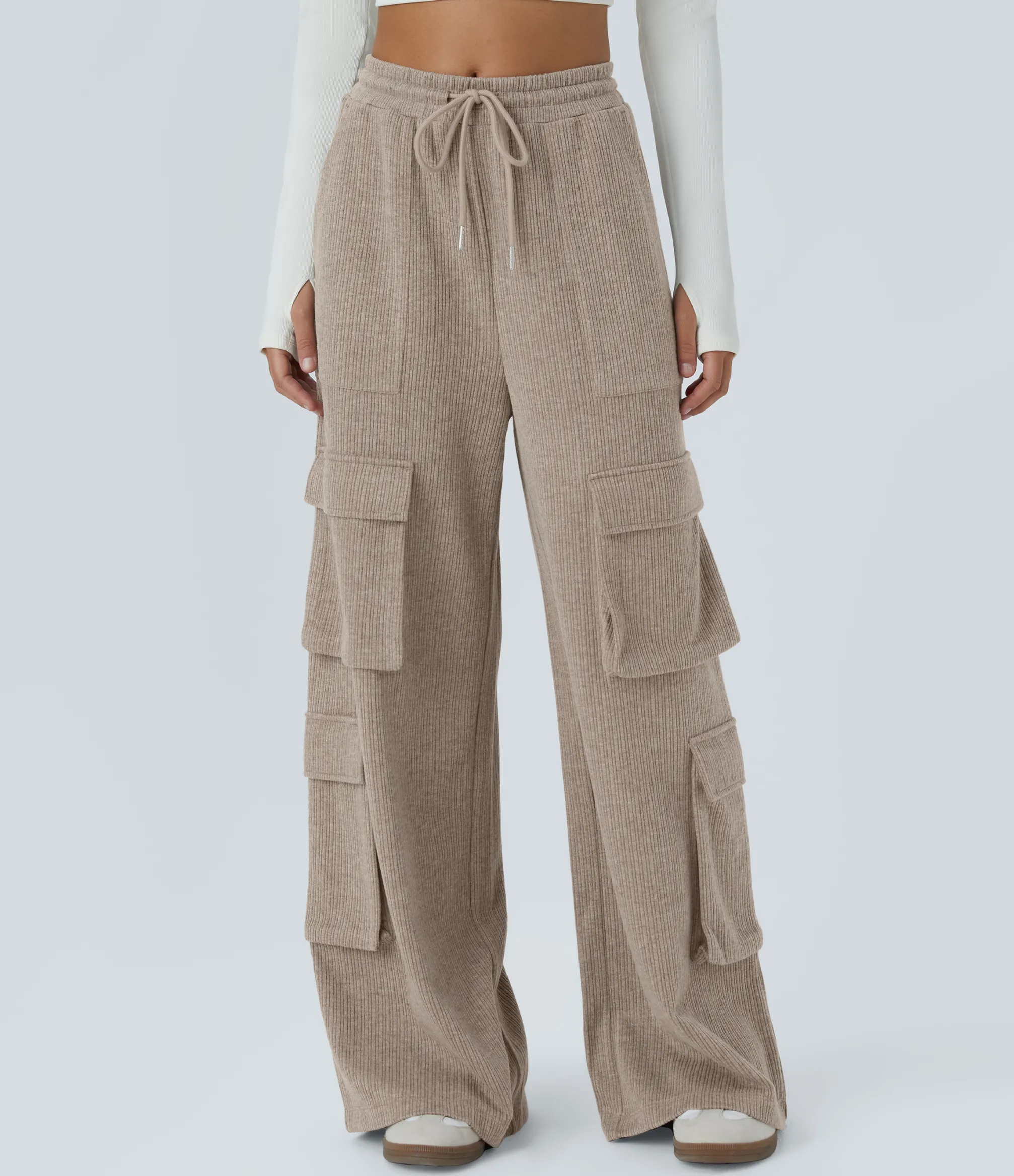 Cargo Pants|Wide-Leg Pants<HALARA Ribbed Mid Rise Drawstring Pockets Wide Leg Cargo Casual Pants