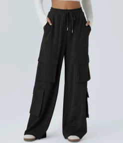 Cargo Pants|Wide-Leg Pants<HALARA Ribbed Mid Rise Drawstring Pockets Wide Leg Cargo Casual Pants