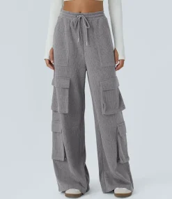Cargo Pants|Wide-Leg Pants<HALARA Ribbed Mid Rise Drawstring Pockets Wide Leg Cargo Casual Pants