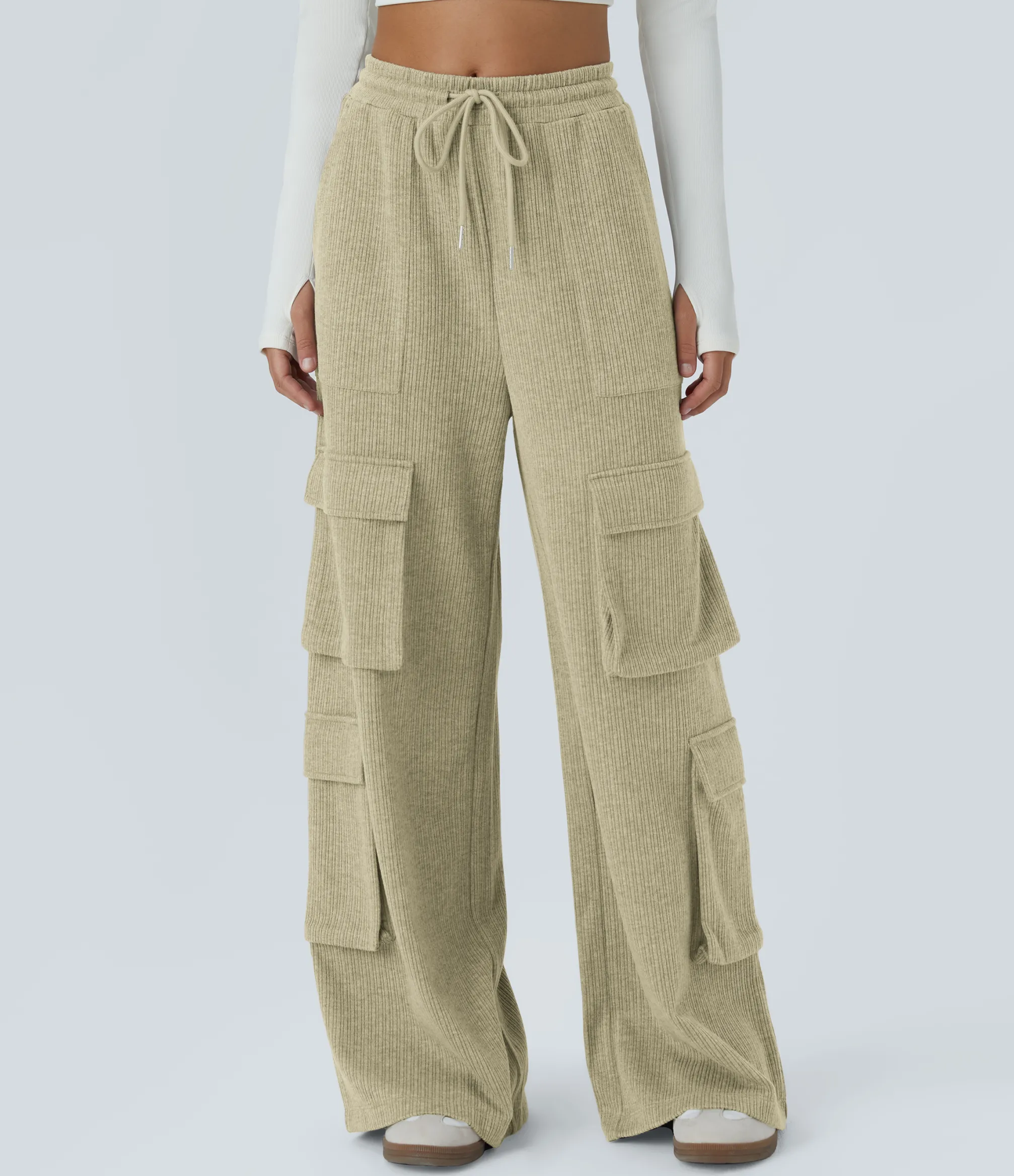 Cargo Pants|Wide-Leg Pants<HALARA Ribbed Mid Rise Drawstring Pockets Wide Leg Cargo Casual Pants