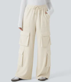 Cargo Pants|Wide-Leg Pants<HALARA Ribbed Mid Rise Drawstring Pockets Wide Leg Cargo Casual Pants