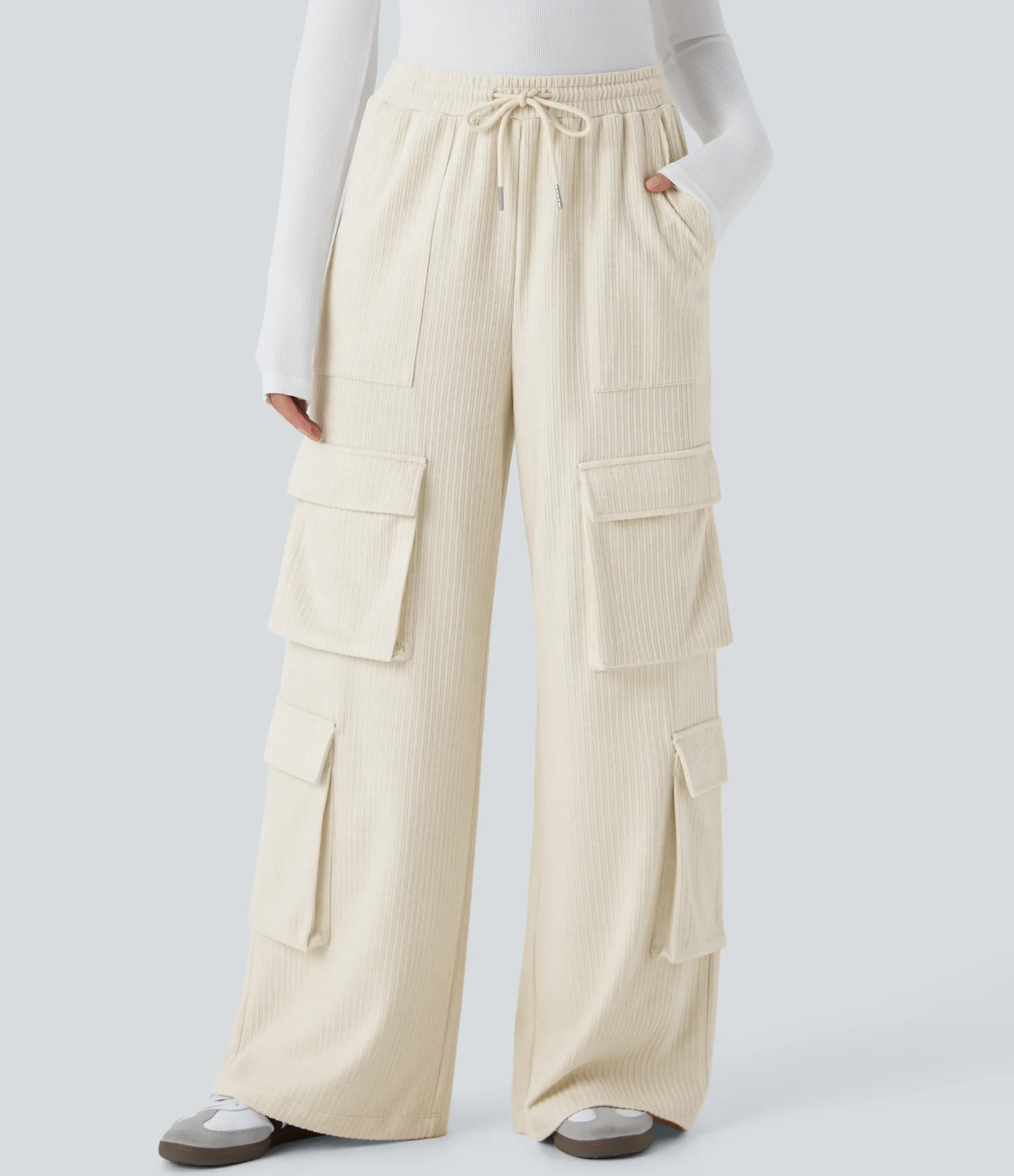 Cargo Pants|Wide-Leg Pants<HALARA Ribbed Mid Rise Drawstring Pockets Wide Leg Cargo Casual Pants