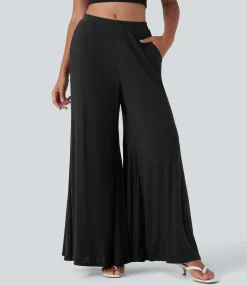 Pants|Wide-Leg Pants<HALARA Ribbed Mid Rise Flowy Wide Leg Casual Pants with Pockets