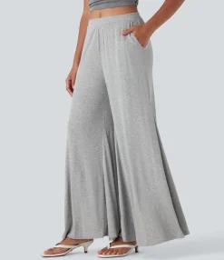 Pants|Wide-Leg Pants<HALARA Ribbed Mid Rise Flowy Wide Leg Casual Pants with Pockets