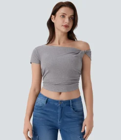 Casual Tops<HALARA Ribbed Off Shoulder Ruched Cropped Casual Top