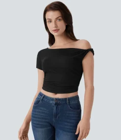 Casual Tops<HALARA Ribbed Off Shoulder Ruched Cropped Casual Top