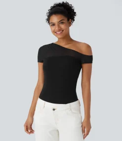 Casual Tops<HALARA Ribbed One Shoulder Short Sleeve Contrast Mesh Casual Top