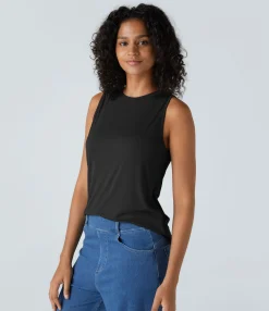 Casual Tops|Tank Tops & Camis<HALARA Ribbed Round Neck Basic Casual Tank Top