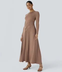 Dresses|Maxi & Midi Dresses<HALARA Ribbed Round Neck Long Sleeve Flare Flowy Maxi Casual Dress
