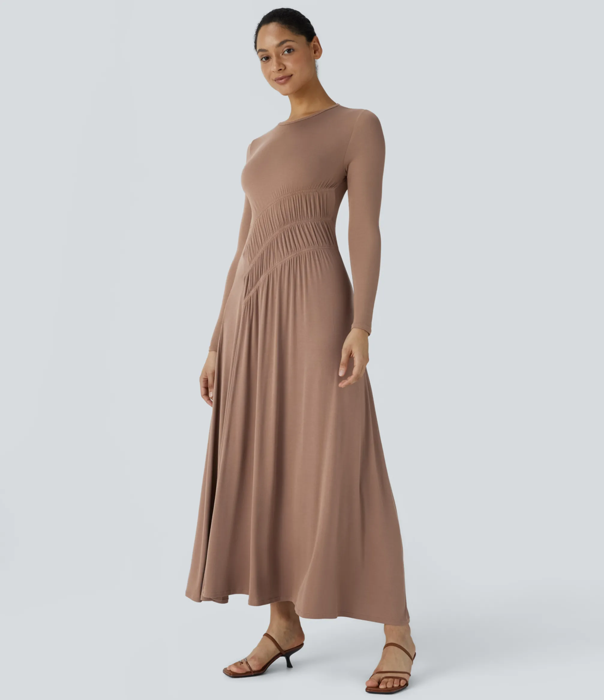 Dresses|Maxi & Midi Dresses<HALARA Ribbed Round Neck Long Sleeve Flare Flowy Maxi Casual Dress