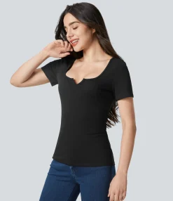 Casual Tops<HALARA Ribbed Scoop Neck Short Sleeve Slim Casual Top