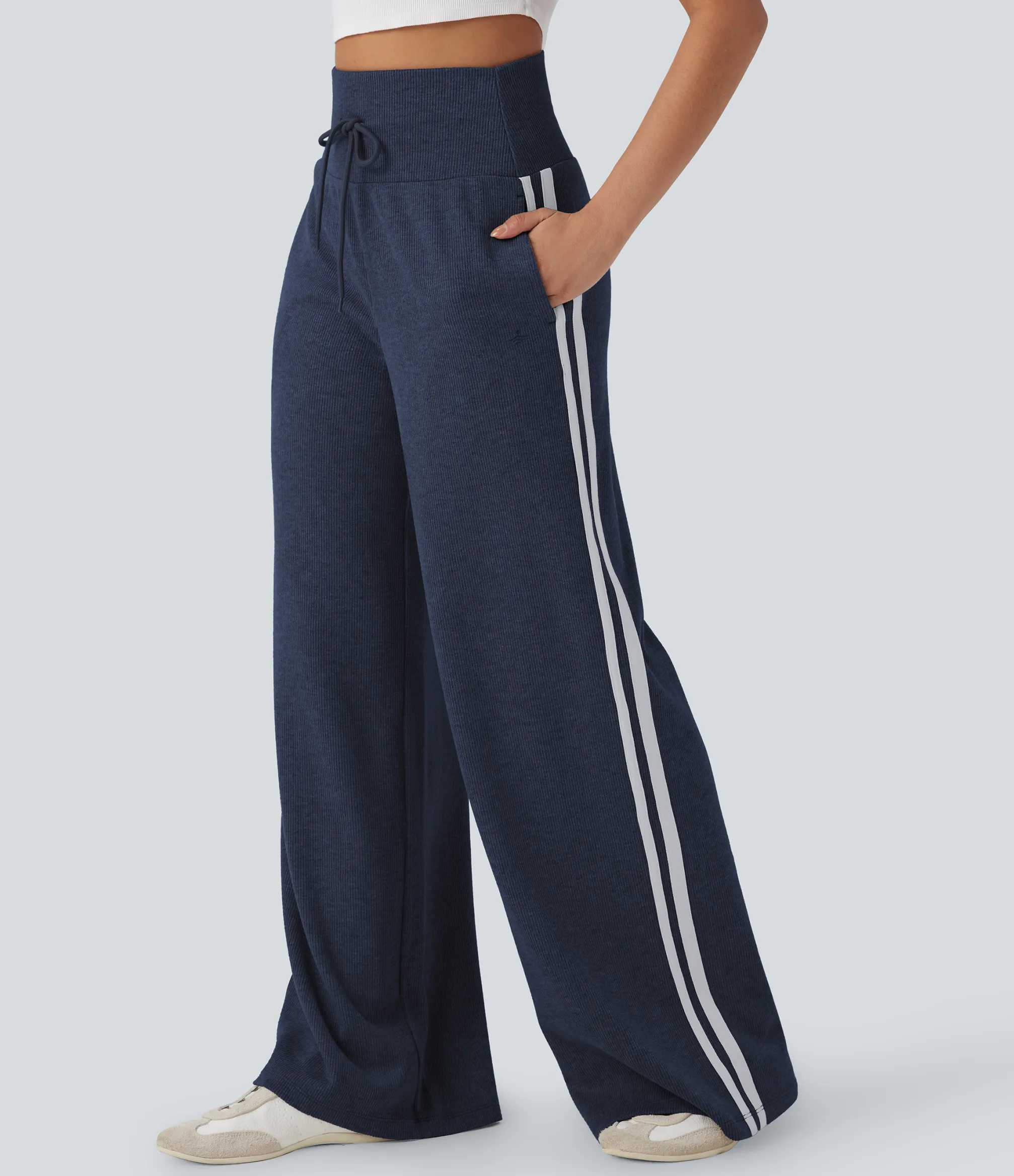 High-Waisted Pants|Wide-Leg Pants<HALARA Ribbed SoCinched High Waisted Tummy Control Drawstring Wide Leg Color Block Casual Pants with Pockets
