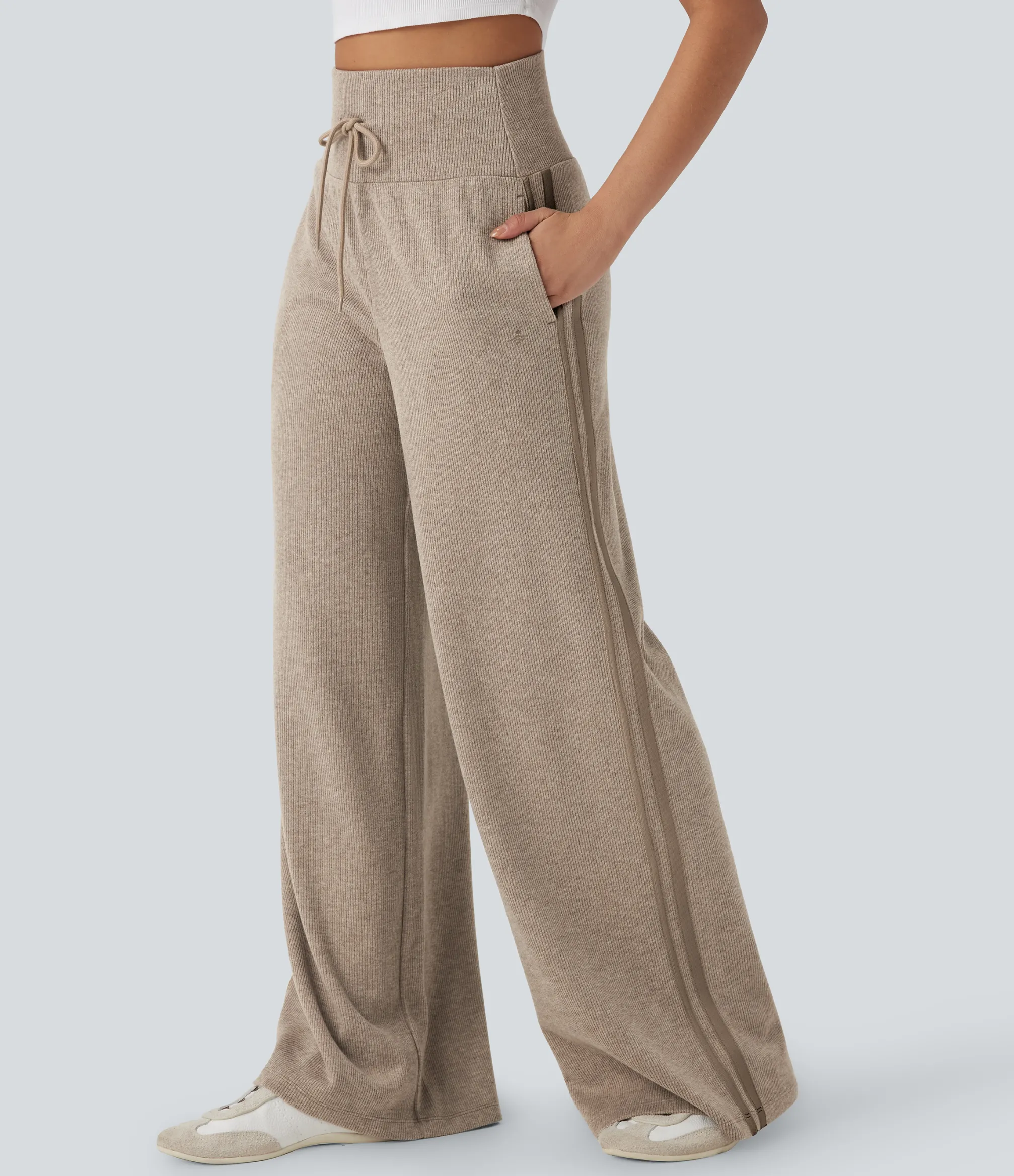 High-Waisted Pants|Wide-Leg Pants<HALARA Ribbed SoCinched High Waisted Tummy Control Drawstring Wide Leg Color Block Casual Pants with Pockets
