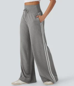 High-Waisted Pants|Wide-Leg Pants<HALARA Ribbed SoCinched High Waisted Tummy Control Drawstring Wide Leg Color Block Casual Pants with Pockets