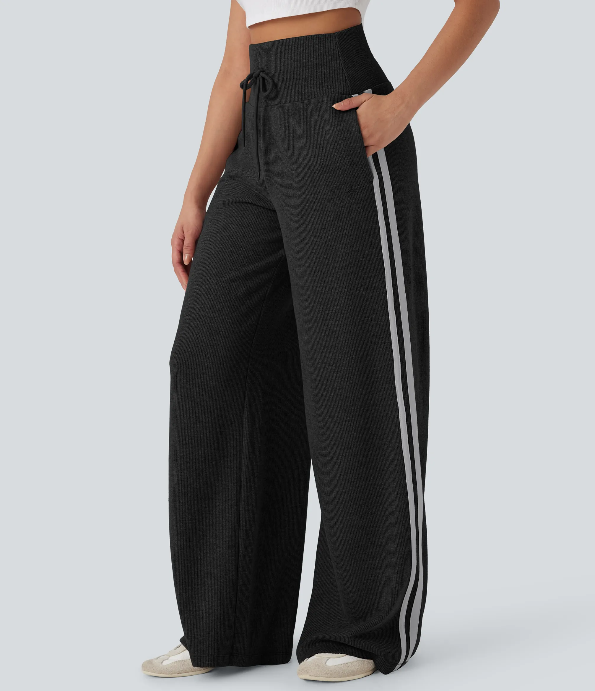 High-Waisted Pants|Wide-Leg Pants<HALARA Ribbed SoCinched High Waisted Tummy Control Drawstring Wide Leg Color Block Casual Pants with Pockets
