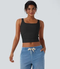 Casual Tops|Tank Tops & Camis<HALARA Ribbed Square Neck Ruched Cropped Casual Tank Top