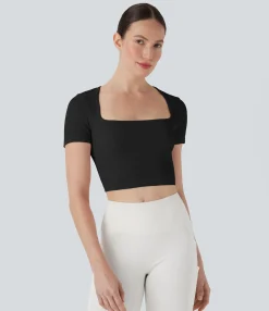 Yoga Tops|Sports Tops<HALARA Ribbed Square Neck Short Sleeve Cropped Yoga Sports Top