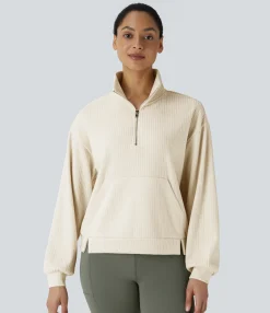 Sweatshirts & Hoodies<HALARA Ribbed Stand Collar Half Zip Long Sleeve Kangaroo Pocket Casual Sweatshirt