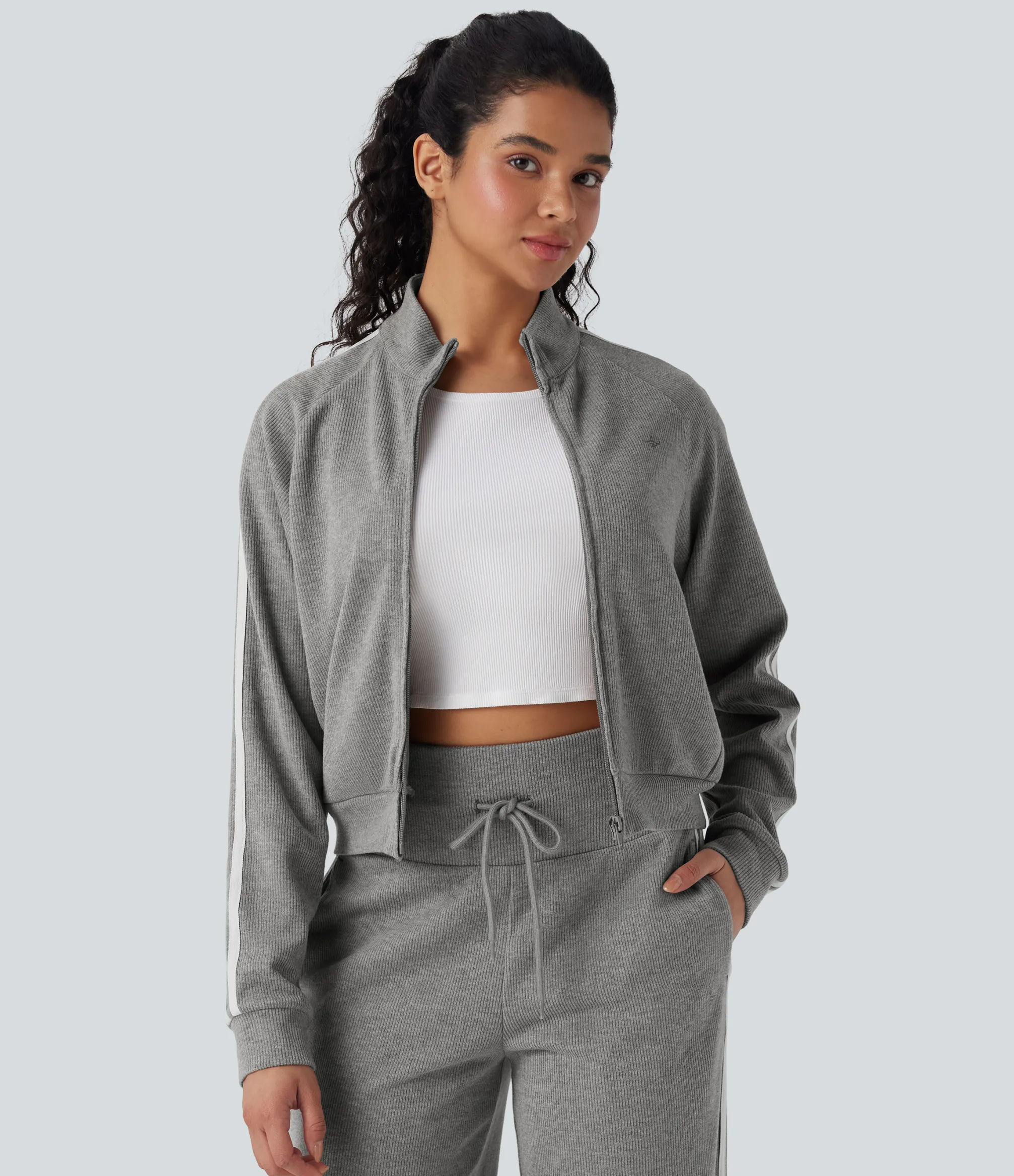 Jackets & Outerwear<HALARA Ribbed Stand Collar Long Sleeve Zipper Color Block Casual Jacket with Pockets