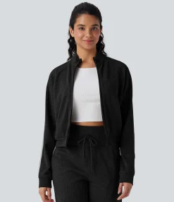 Jackets & Outerwear<HALARA Ribbed Stand Collar Long Sleeve Zipper Color Block Casual Jacket with Pockets