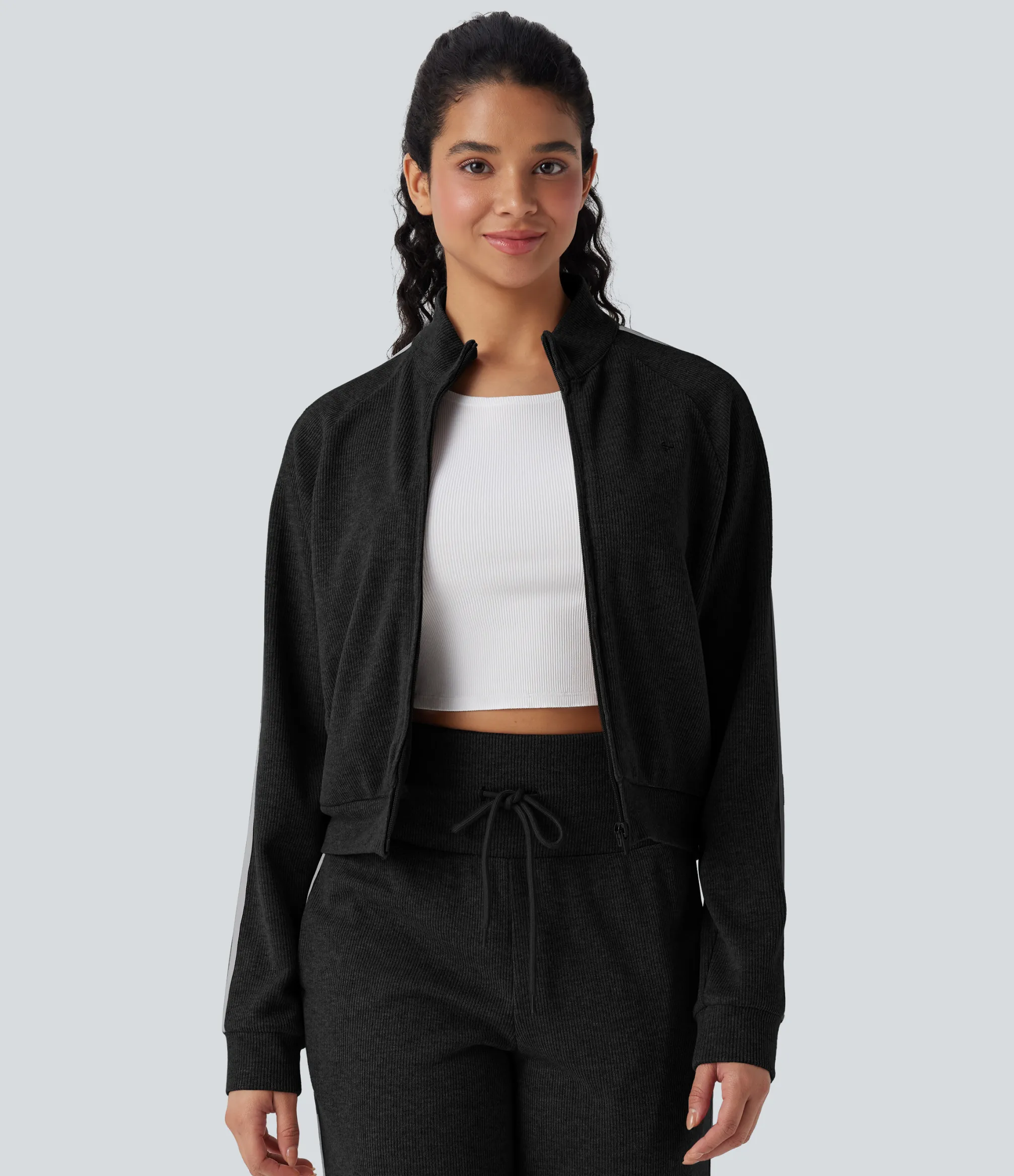 Jackets & Outerwear<HALARA Ribbed Stand Collar Long Sleeve Zipper Color Block Casual Jacket with Pockets