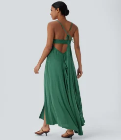 Maxi & Midi Dresses|Dresses<HALARA Ribbed Tie Back Ruched Maxi Slip Dress with Pockets