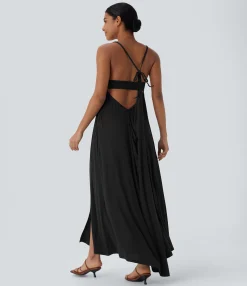 Maxi & Midi Dresses|Dresses<HALARA Ribbed Tie Back Ruched Maxi Slip Dress with Pockets