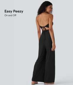 Jumpsuits<HALARA Ribbed Tube Tie Back Resort Jumpsuit with Pockets-Easy Peezy Edition